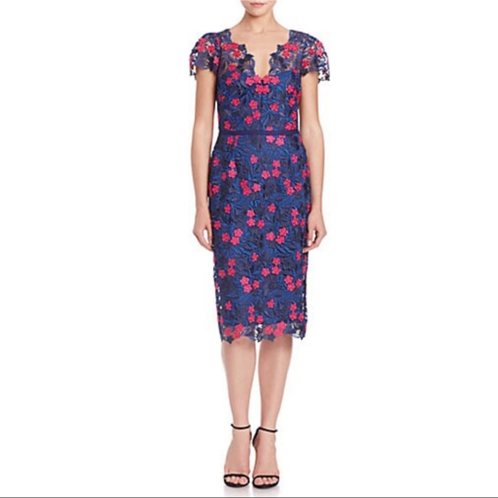 NWT MARCHESA Notte Guipure Lace Sheath Dress in Navy and Pink